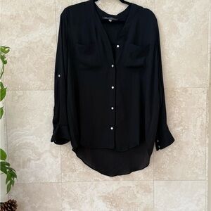 Rose & Olive Black Button Front Blouse Medium Long Sleeve Roll Tab Work Top